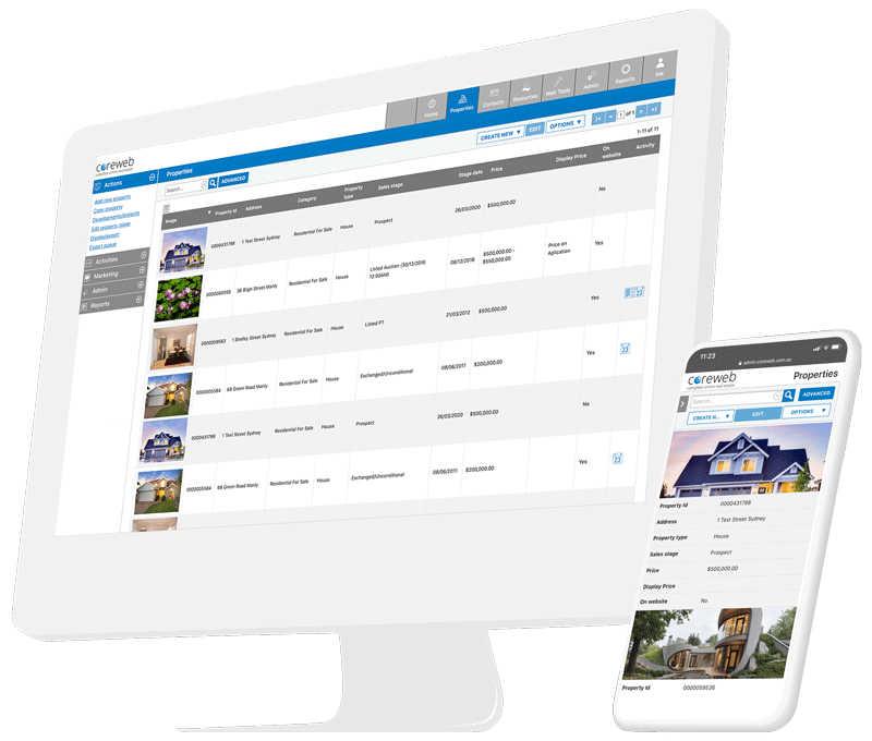 COREWEB administration tools shown on desktop and mobile screens