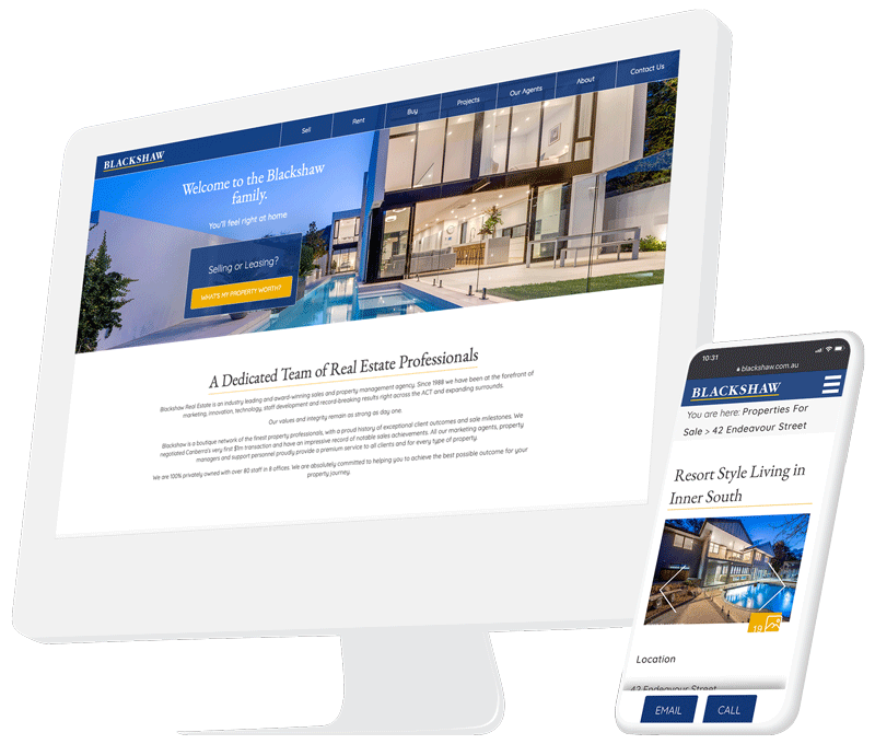 Real estate website layouts shown on desktop and mobile screens